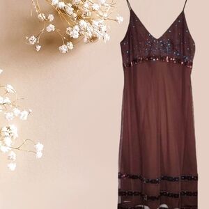 Flip! Brown Medi Spaghetti strap dress embellished w blue sequins size 3/4 NWT